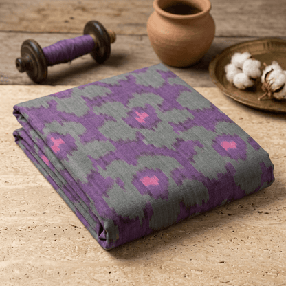 Green & Blue Floral Cotton Woven Handloom Ikat Fabric for Dress Material | Width: 44"