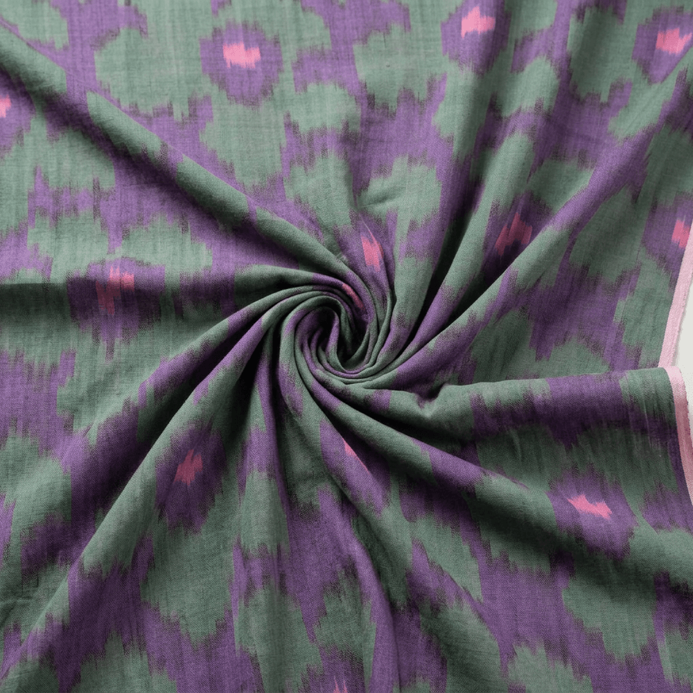 Green & Blue Floral Cotton Woven Handloom Ikat Fabric for Dress Material | Width: 44"