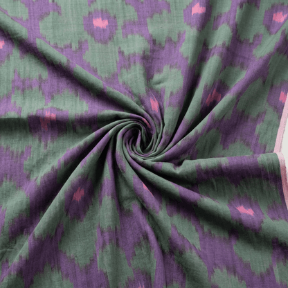 Green & Blue Floral Cotton Woven Handloom Ikat Fabric for Dress Material | Width: 44"
