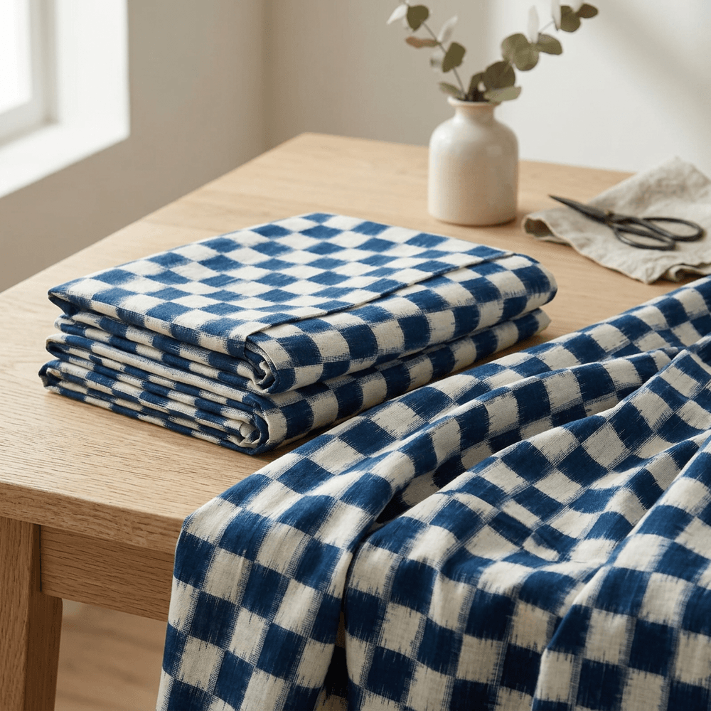Blue & White Checks Handwoven Cotton Double Ikat Fabric for Dresses | Width: 44"