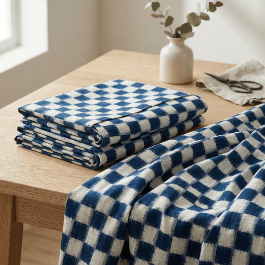 Blue & White Checks Handwoven Cotton Double Ikat Fabric for Dresses | Width: 44"
