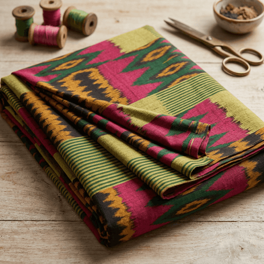 Green, Pink & Yellow Uzbek-Inspired Cotton Handloom Ikat Fabric - 44" (112 cm)