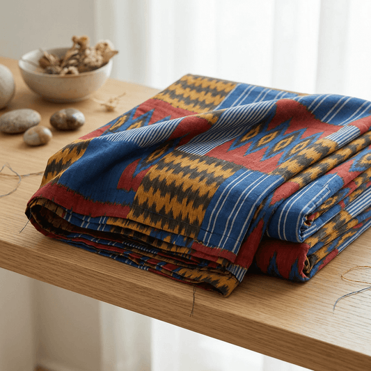 Blue, Red & Yellow Uzbek-Inspired Cotton Handloom Ikat Fabric - 44" (112 cm)