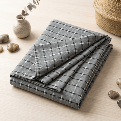 Grey & Black Plus Design Handwoven Cotton Double Ikat Fabric for Men's Shirt | Width : 44"