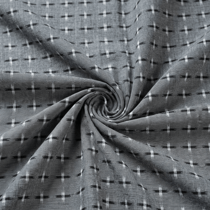 Grey & Black Plus Design Handwoven Cotton Double Ikat Fabric for Men's Shirt | Width : 44"