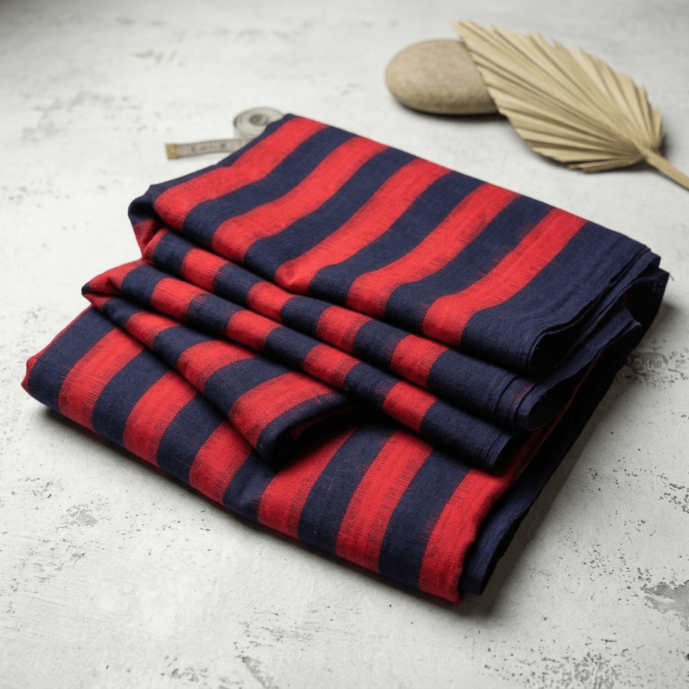 Navy Blue & Red Stripe Handwoven Cotton Double Ikat Fabric for Dresses | Width: 44"