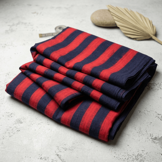 Navy Blue & Red Stripe Handwoven Cotton Double Ikat Fabric for Dresses | Width: 44"