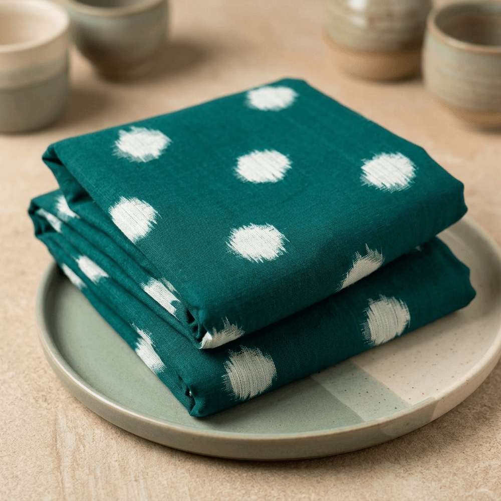 Green Base White Dot Handwoven Cotton Double Ikat Fabric for Dresses | Width: 44"