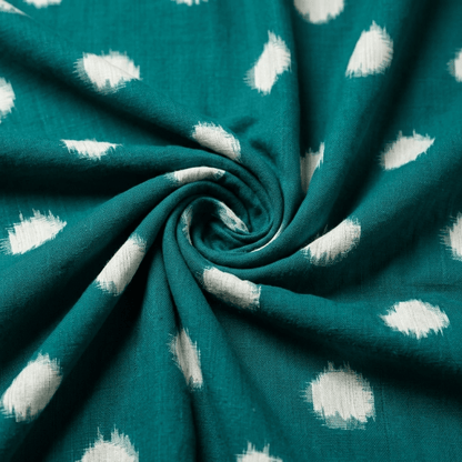 Green Base White Dot Handwoven Cotton Double Ikat Fabric for Dresses | Width: 44"