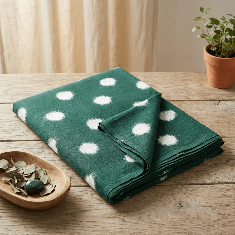 Olive Green, White Dot Handwoven Cotton Double Ikat Fabric for Dresses | Width: 44"