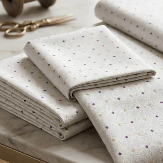 White & Purple Design Dyeable Fancy Jacquard Fabric for Winter Dresses & Jackets | Width : 44"