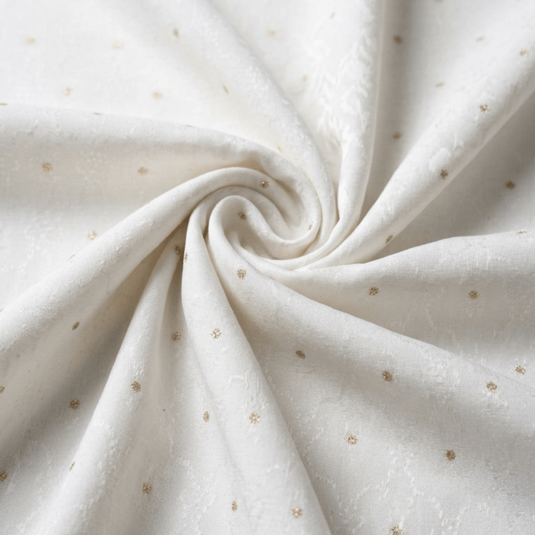 White & Golden Design Dyeable Fancy Jacquard Fabric for Winter Dresses & Jackets | Width : 44"