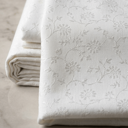 White Fancy Self Design Dyeable Cotton Blend Jacquard Fabric for Winter Dresses & Jackets | Width : 44"