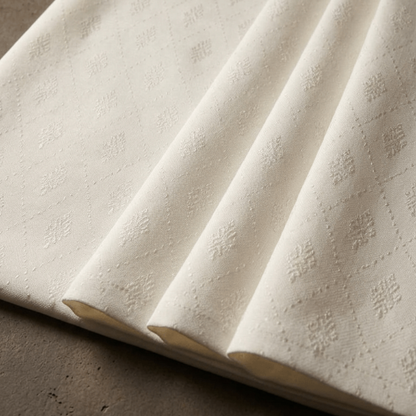 White Fancy Self Design Dyeable Cotton Blend Jacquard Fabric for Winter Dresses & Jackets | Width : 44"