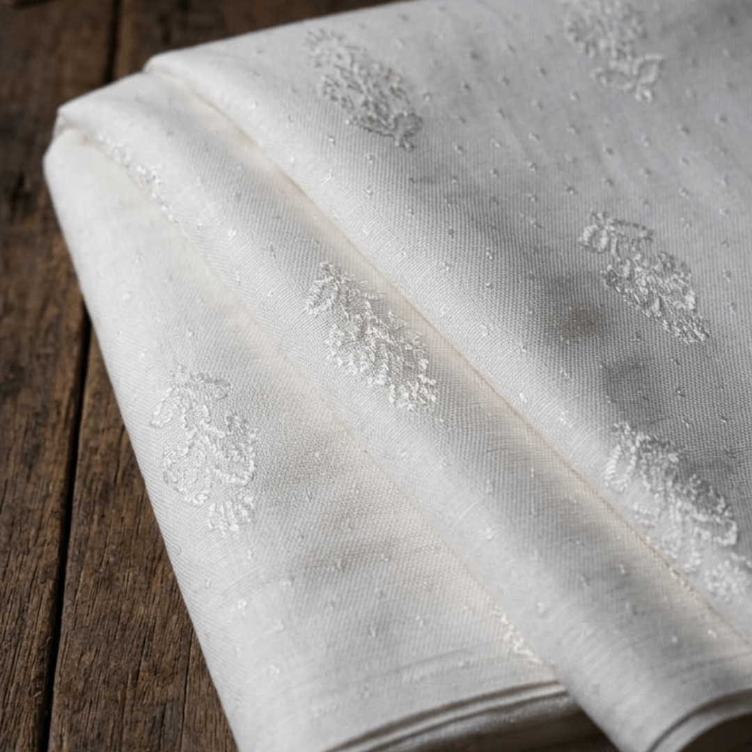White Fancy Self Design Dyeable Cotton Blend Jacquard Fabric for Winter Dresses & Jackets | Width : 44"