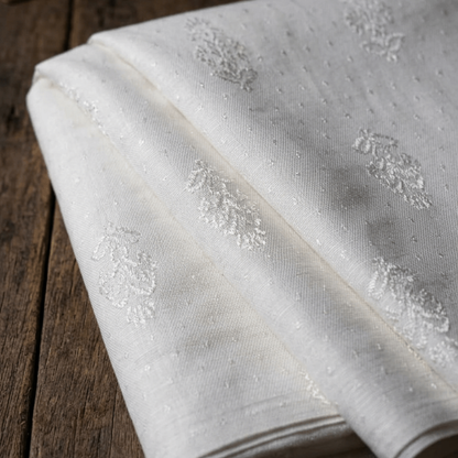 White Fancy Self Design Dyeable Cotton Blend Jacquard Fabric for Winter Dresses & Jackets | Width : 44"