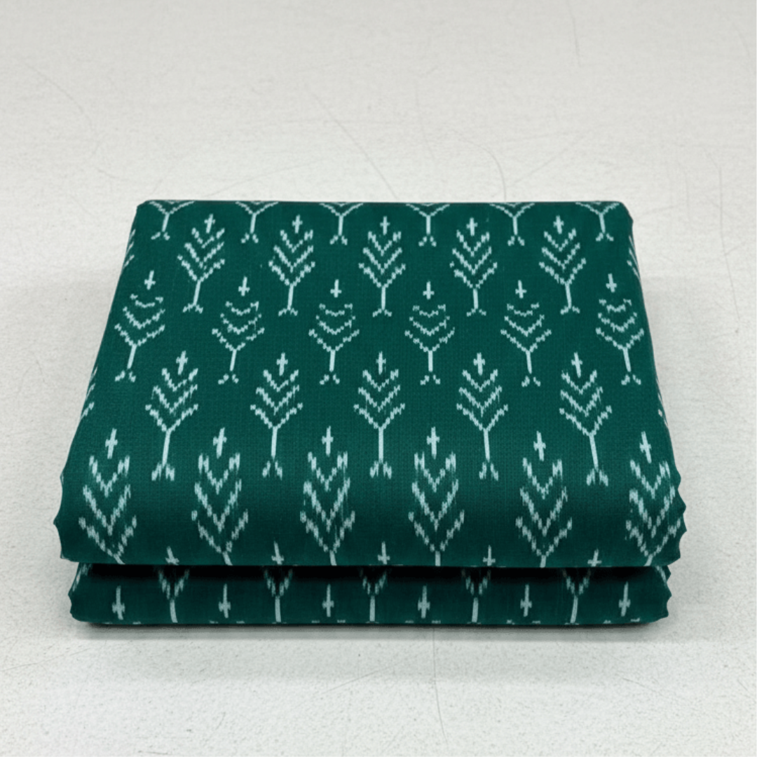Green, White Design Mercerised Cotton Handloom Ikat Fabric for Dress Material | Width: 44"