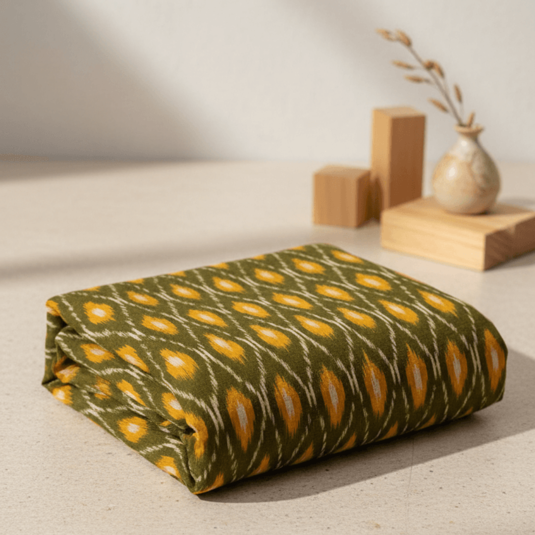 Green & Yellow Design Mercerised Cotton Handloom Ikat Fabric for Dress Material | Width: 44"