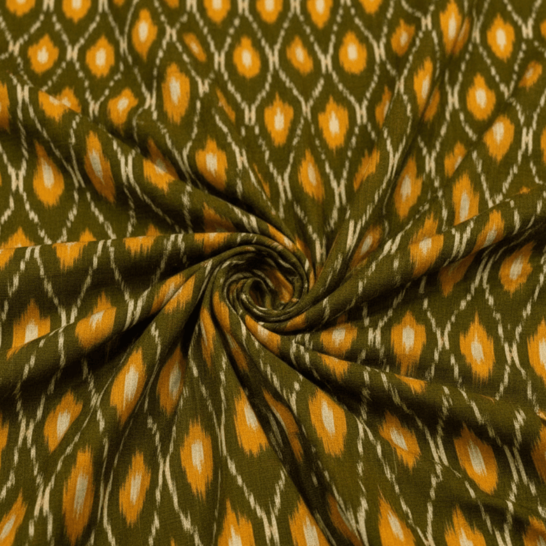 Green & Yellow Design Mercerised Cotton Handloom Ikat Fabric for Dress Material | Width: 44"