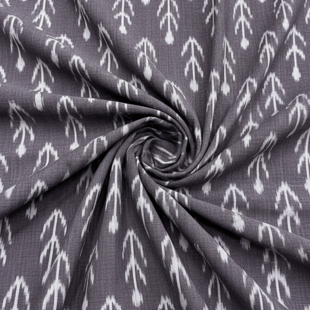 Grey, White Design Mercerised Cotton Handloom Ikat Fabric for Dress Material | Width: 44"