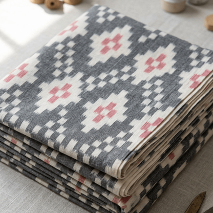 White & Grey Design Fine Quality Handloom Cotton Ikat Fabric for Dress Material | Width: 44"