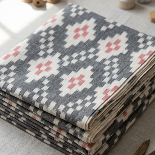 White & Grey Design Fine Quality Handloom Cotton Ikat Fabric for Dress Material | Width: 44"