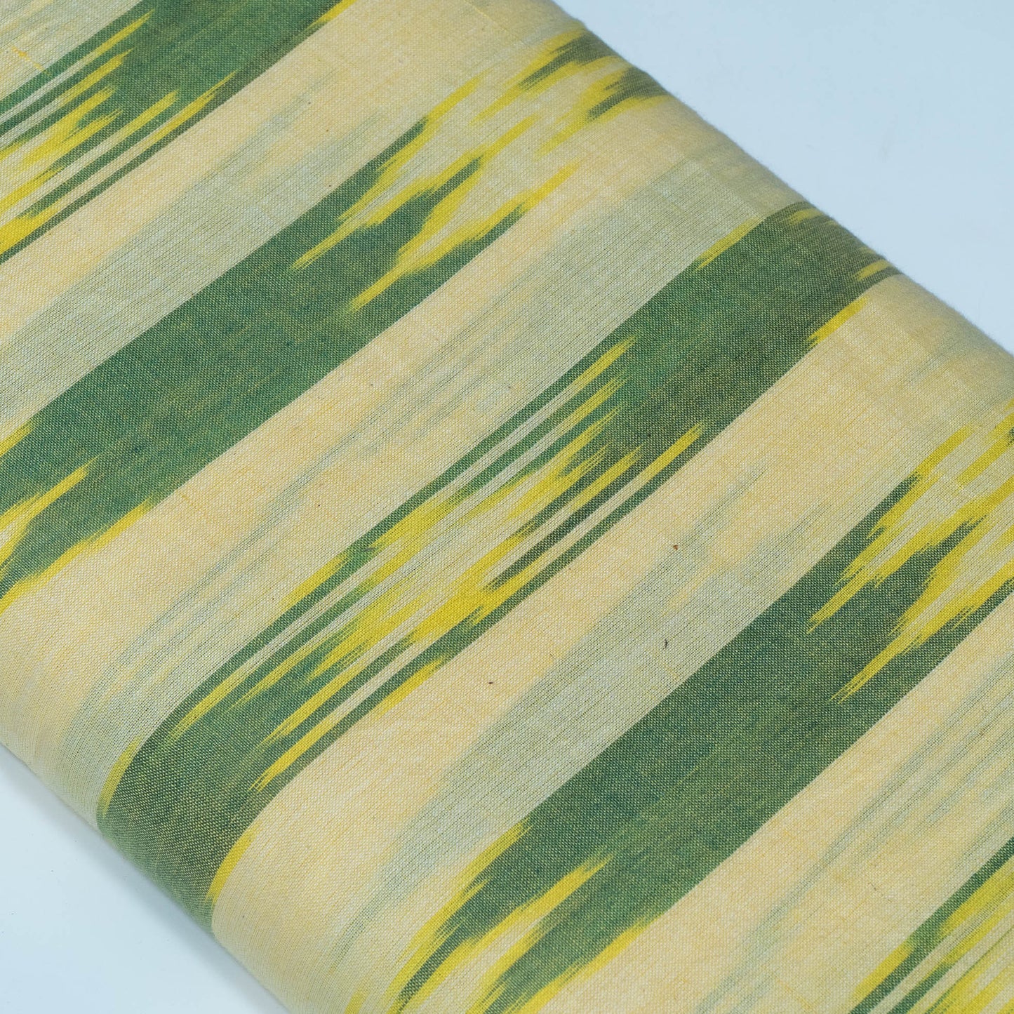 Off White And Green Stripe Cotton Handloom Ikat Fabric for Dresses | Width: 44"
