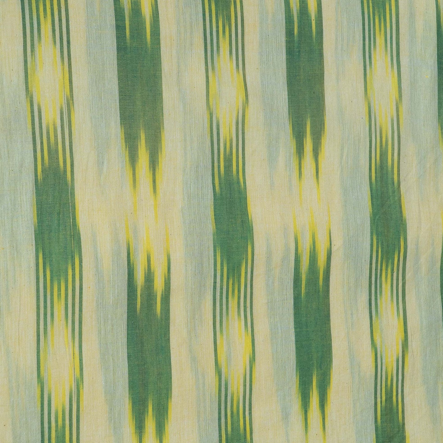 Off White And Green Stripe Cotton Handloom Ikat Fabric for Dresses | Width: 44"