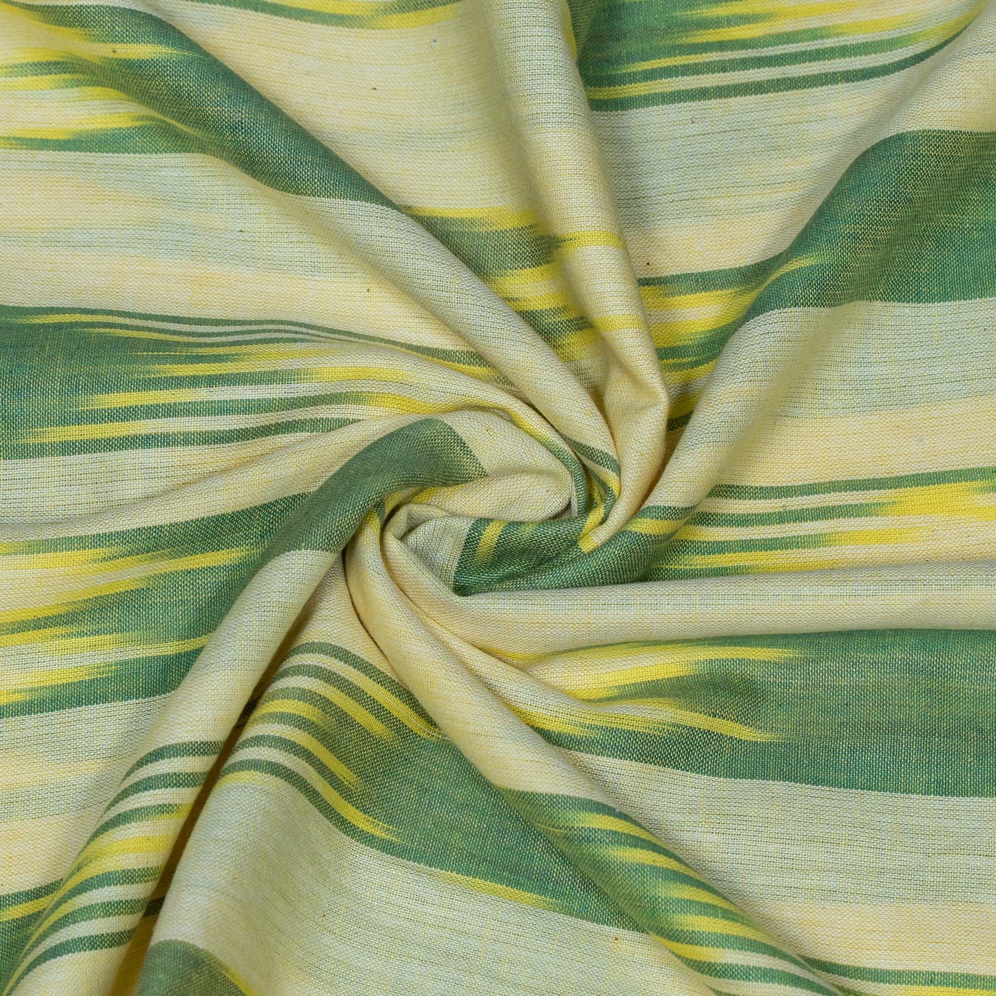 Off White And Green Stripe Cotton Handloom Ikat Fabric for Dresses | Width: 44"