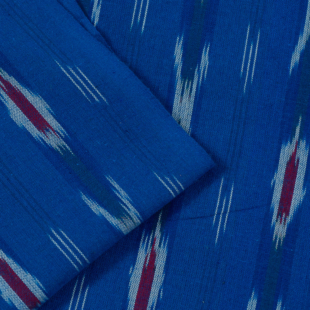 Blue, Red & White Cotton Handloom Ikat Fabric for Dresses | Width: 44"