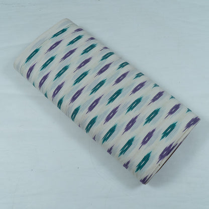 White Base Green & Purple Cotton Handloom Ikat Fabric for Dresses | Width: 44"