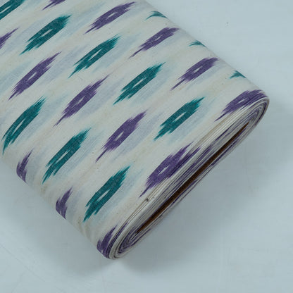 White Base Green & Purple Cotton Handloom Ikat Fabric for Dresses | Width: 44"