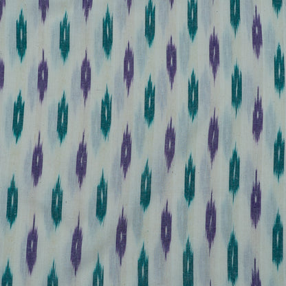 White Base Green & Purple Cotton Handloom Ikat Fabric for Dresses | Width: 44"