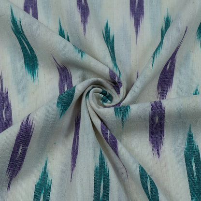 White Base Green & Purple Cotton Handloom Ikat Fabric for Dresses | Width: 44"