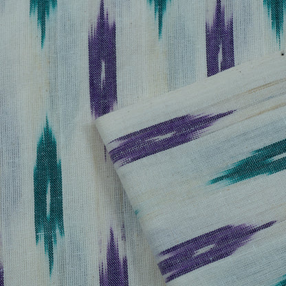 White Base Green & Purple Cotton Handloom Ikat Fabric for Dresses | Width: 44"