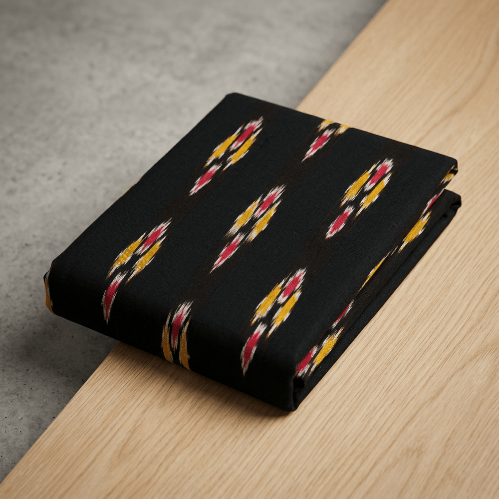 Black base Multicolor Design Cotton Handloon Ikat Fabric for Dresses | Width: 44"