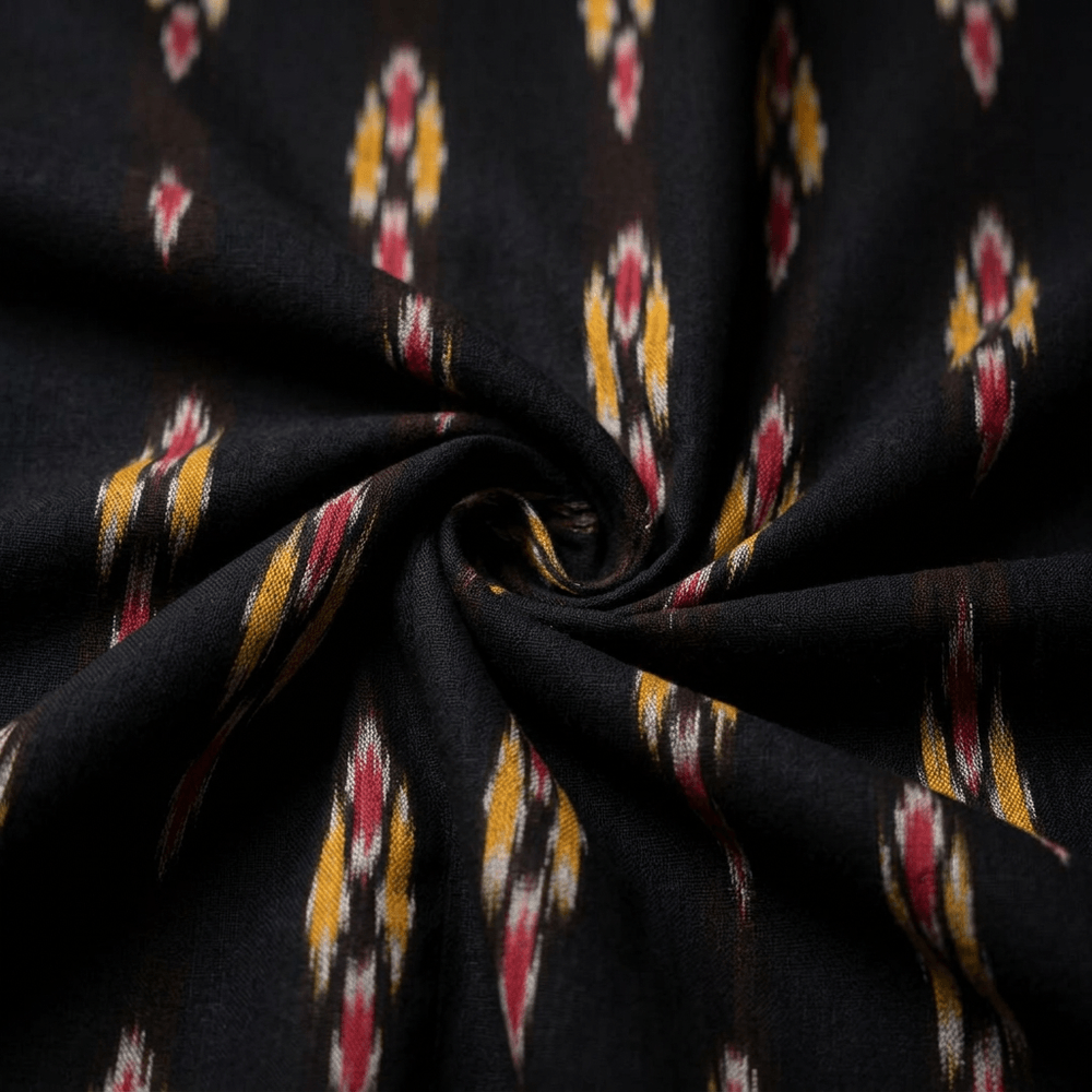 Black base Multicolor Design Cotton Handloon Ikat Fabric for Dresses | Width: 44"