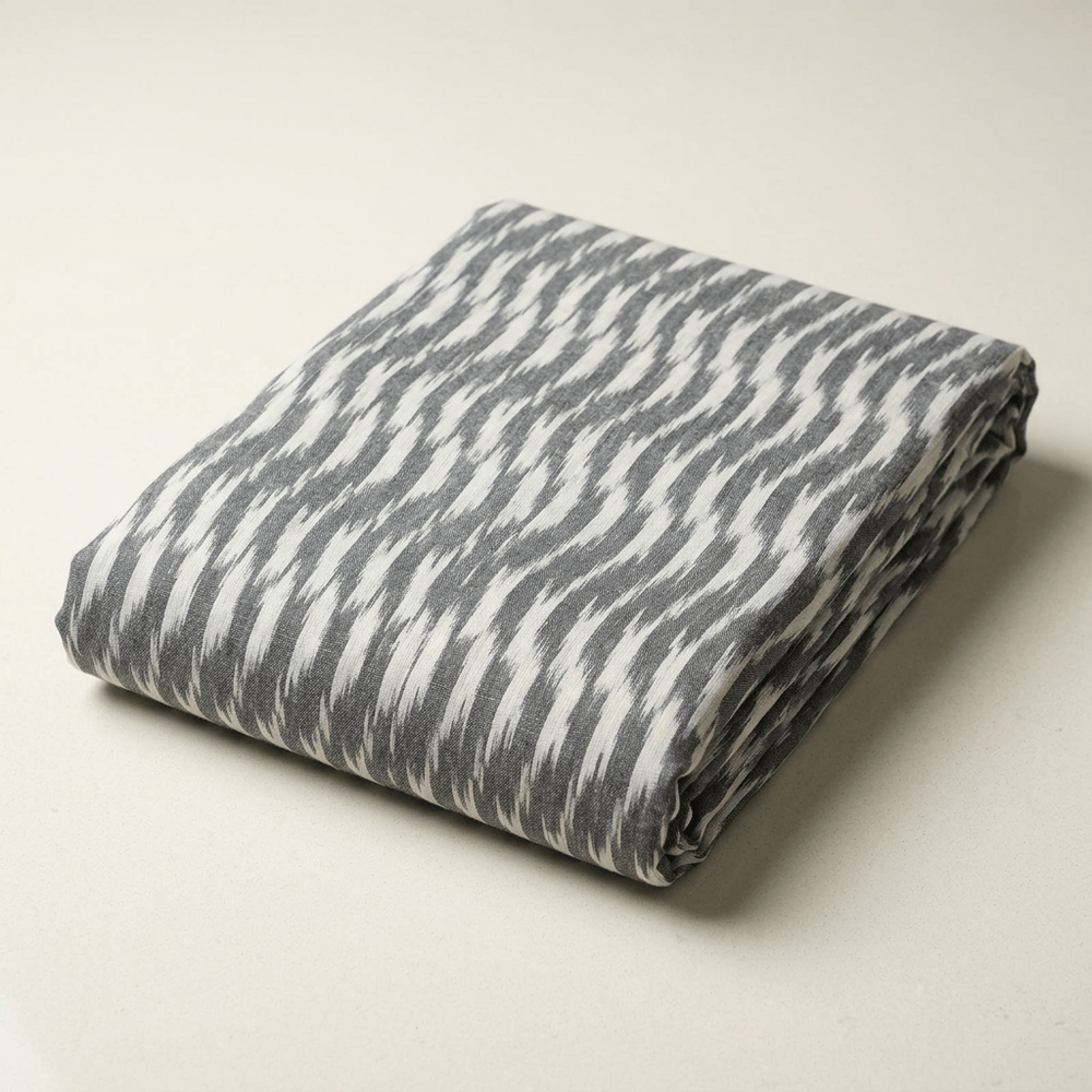 Grey & White Design Handloon Cotton Ikat Fabric Dress Material | Width : 44"