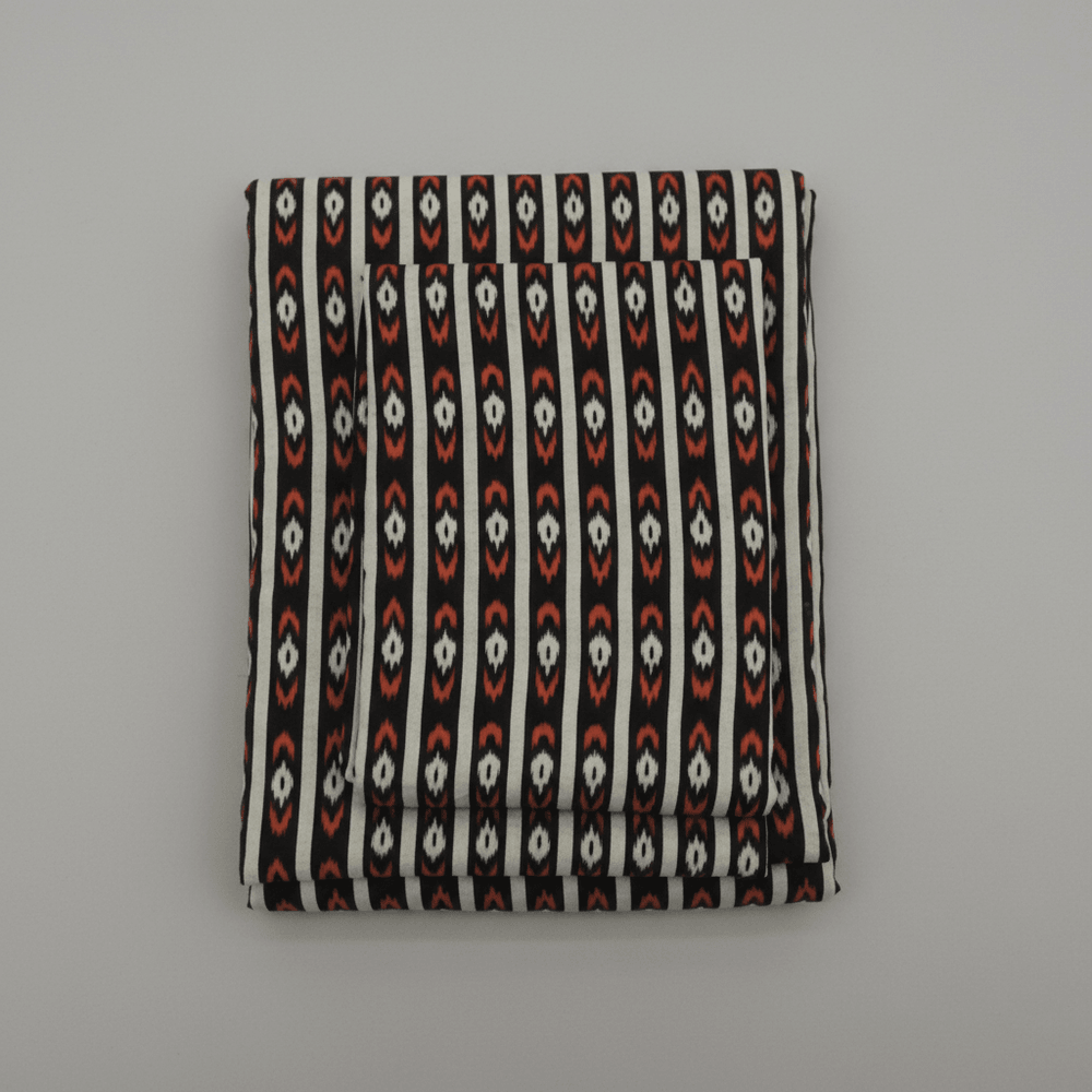 Black, Grey & Rust Stripe Fine Quality Cotton Handloom Ikat Fabric for Dress Material | Width: 44"