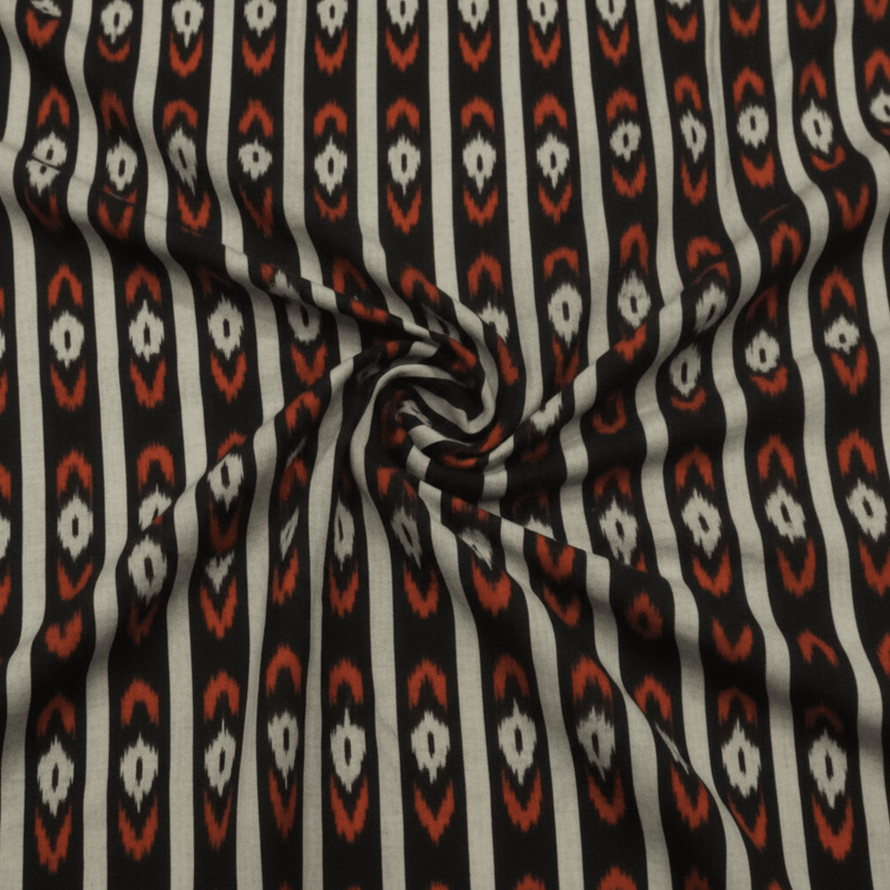 Black, Grey & Rust Stripe Fine Quality Cotton Handloom Ikat Fabric for Dress Material | Width: 44"
