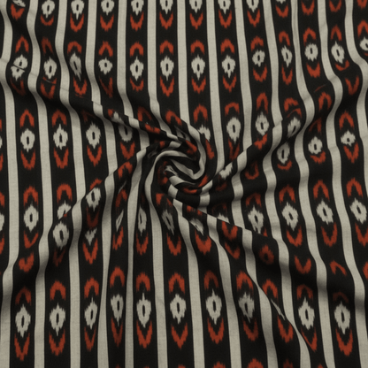 Black, Grey & Rust Stripe Fine Quality Cotton Handloom Ikat Fabric for Dress Material | Width: 44"