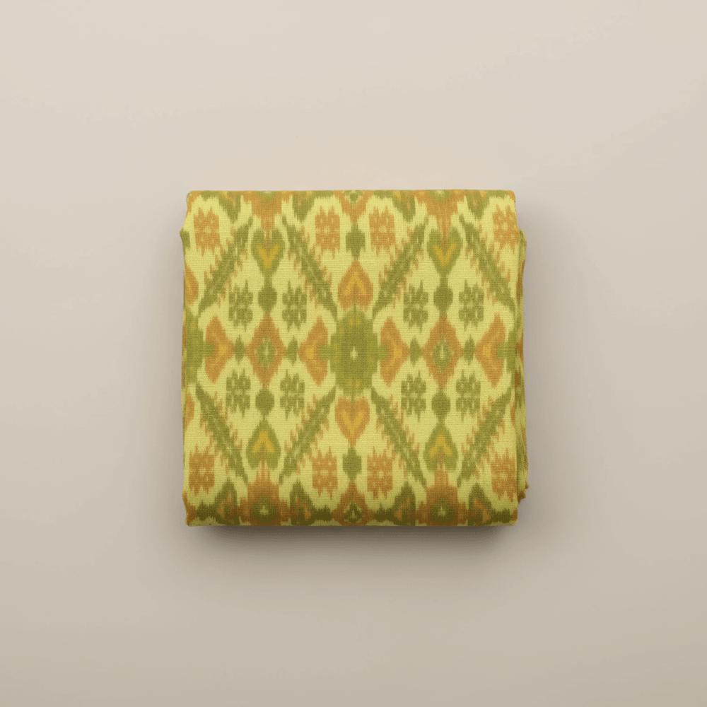 Lemon Yellow Base Multicolor Handwoven Cotton Silk Ikat Fabric for Dress Material | Width: 44"