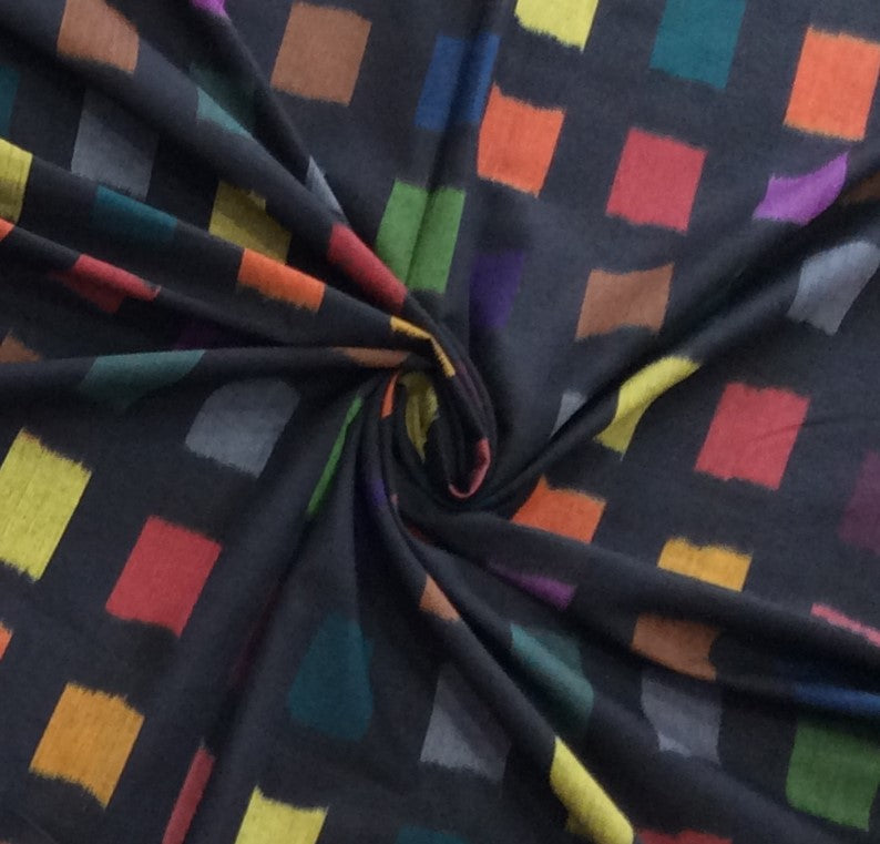 Black Base Multi Color Fine Quality Cotton Woven Handloom Ikat (Width: 44 inches or 112 cm)