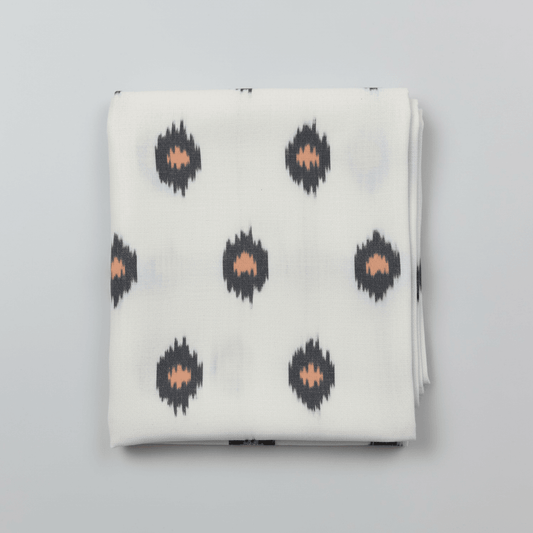 White, Black & Yellow Fine Quality Cotton Handloom Ikat Fabric for Dress Material | Width: 44"