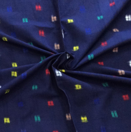 Blue Base Multicolor Squares Cotton Handwoven Double Ikat (Width: 44 inches or 112 cm)