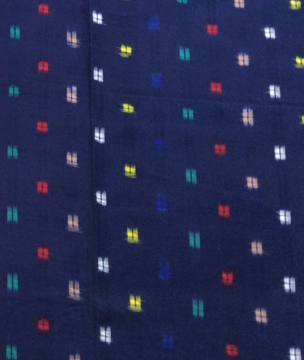 Blue Base Multicolor Squares Cotton Handwoven Double Ikat (Width: 44 inches or 112 cm)