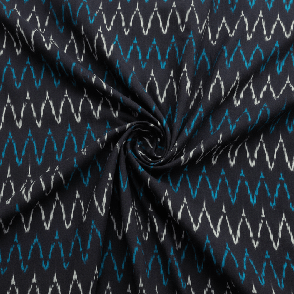 Blue & White Fine Quality Chevron Cotton Handloom Ikat Fabric for Dresses | Width: 44"