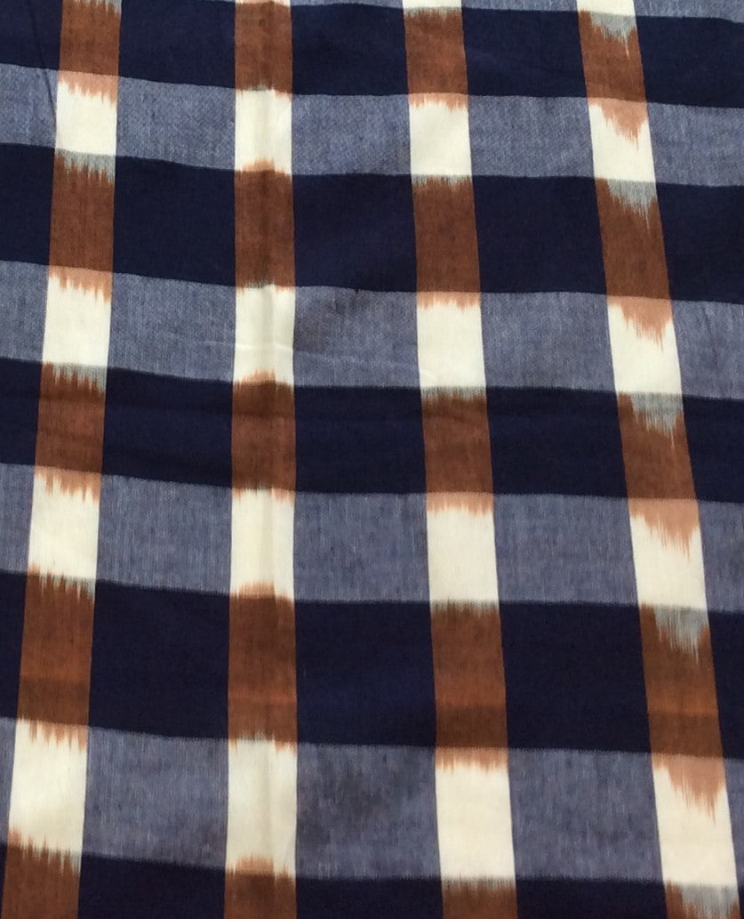 Blue & Brown Check Cotton Handwoven Double Ikat (Width: 44 inches or 112 cm)