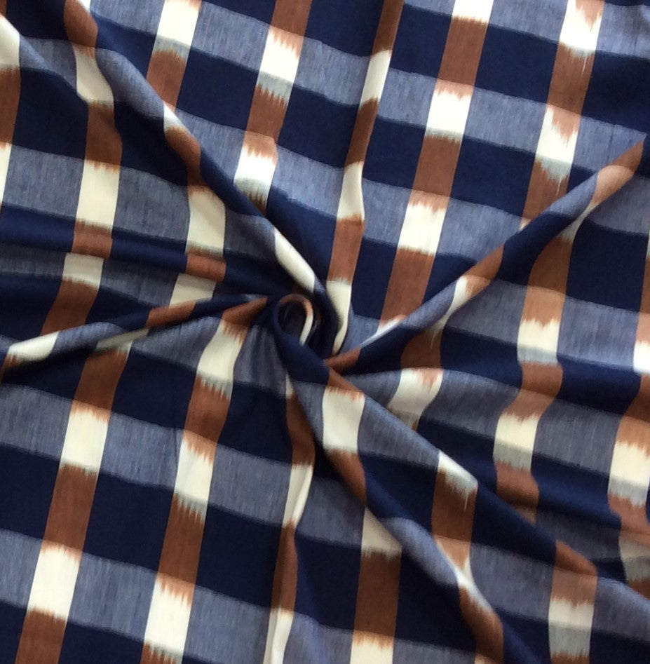 Blue & Brown Check Cotton Handwoven Double Ikat (Width: 44 inches or 112 cm)