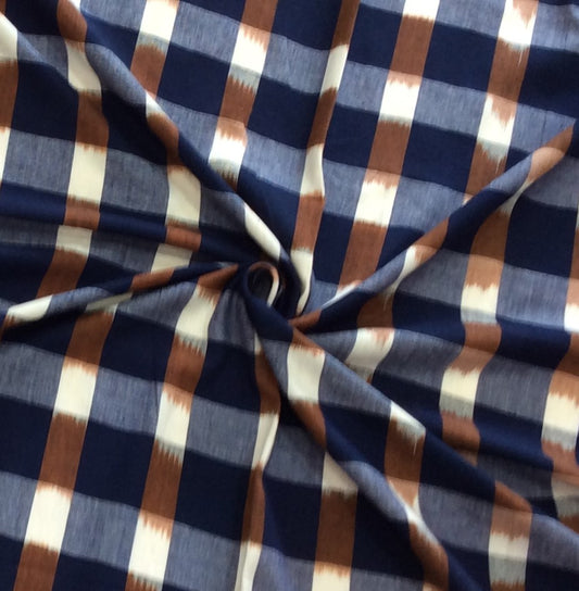 Blue & Brown Check Cotton Handwoven Double Ikat (Width: 44 inches or 112 cm)